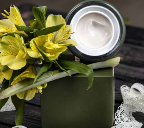 cream with flower on the table